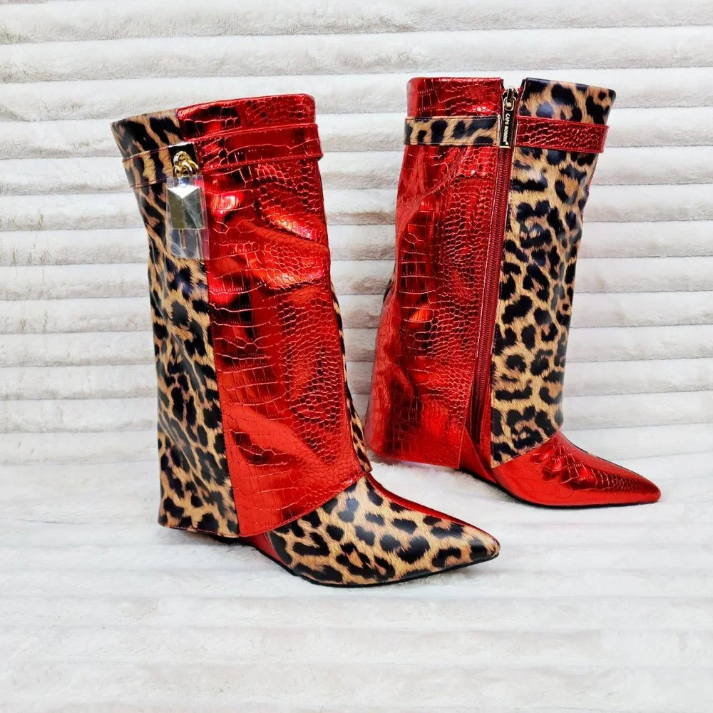 Vivid Red Metallic & Leopard Print Fold Over Skirted Mid Calf Wedge Heel Boots